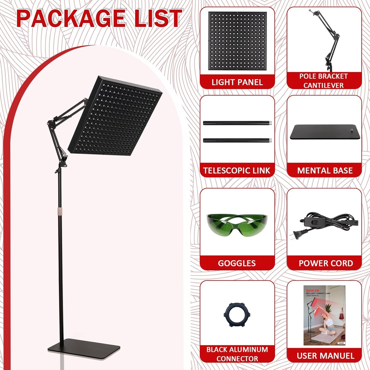 12 Squard Red Light Therapy for Face and Body, Adjustable Height Stand, 660Nm Red Light Therapy & 850Nm Infrared Light Therapy Device, Skin